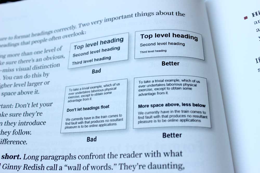 Steve Krug shows us what good and bad headings look like in his book, Don't Make Me Think