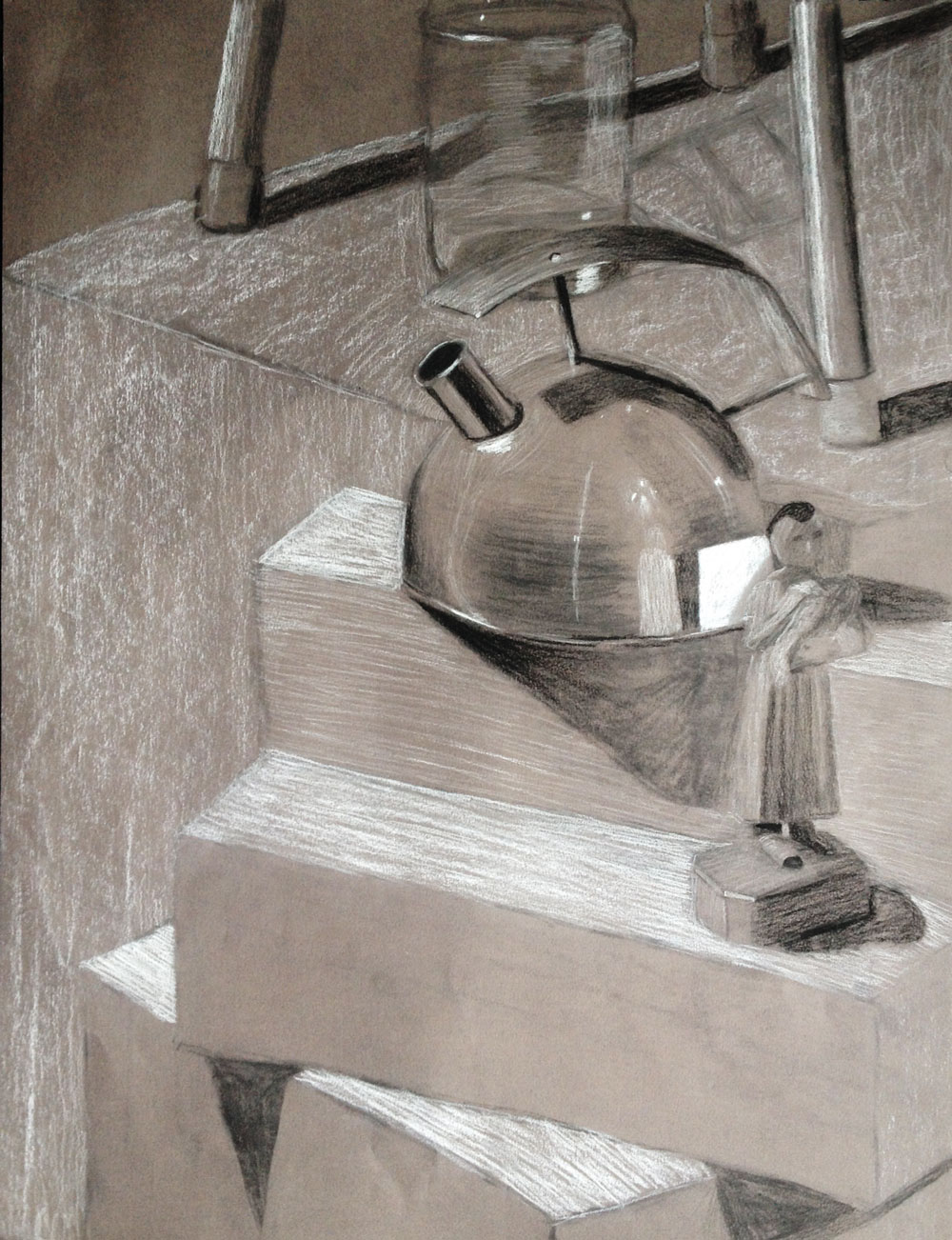 kettle and figurine on stairs