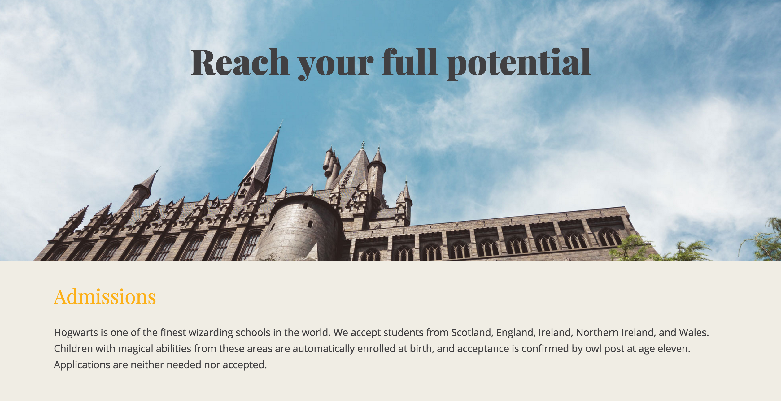 The admissions page of the Hogwarts website designed by Chloe ATchue-Mamlet