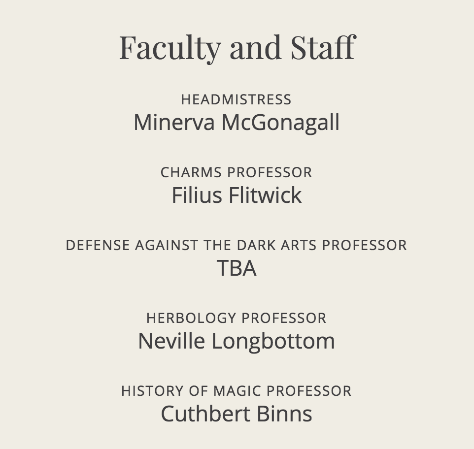 Faculty and staff directory page of the Hogwarts website designed by Chloe ATchue-Mamlet