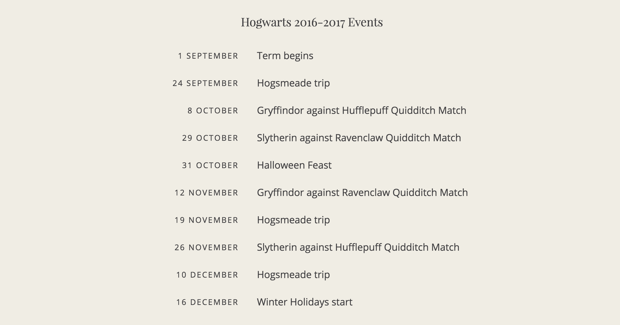 The events section of the Hogwarts website designed by Chloe ATchue-Mamlet