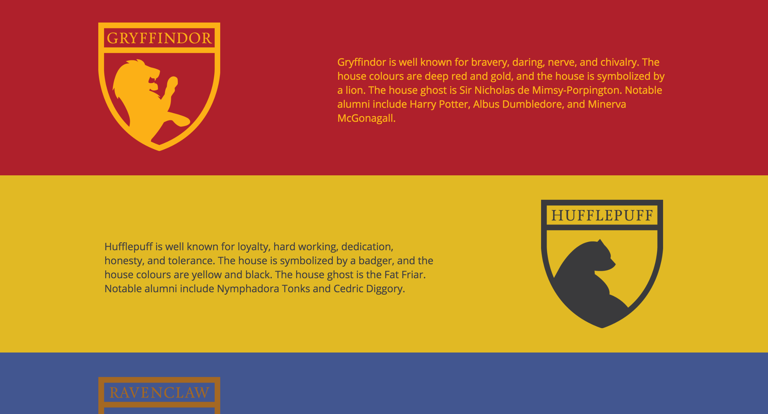 Hogwarts houses page of the Hogwarts website designed by Chloe ATchue-Mamlet