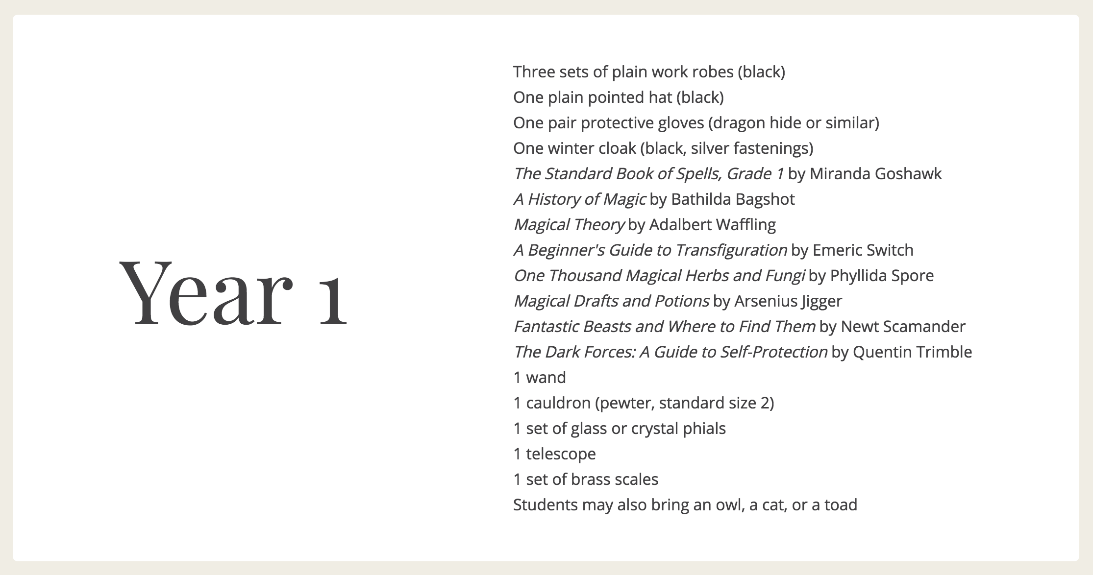 Student supplies page of the Hogwarts website designed by Chloe ATchue-Mamlet