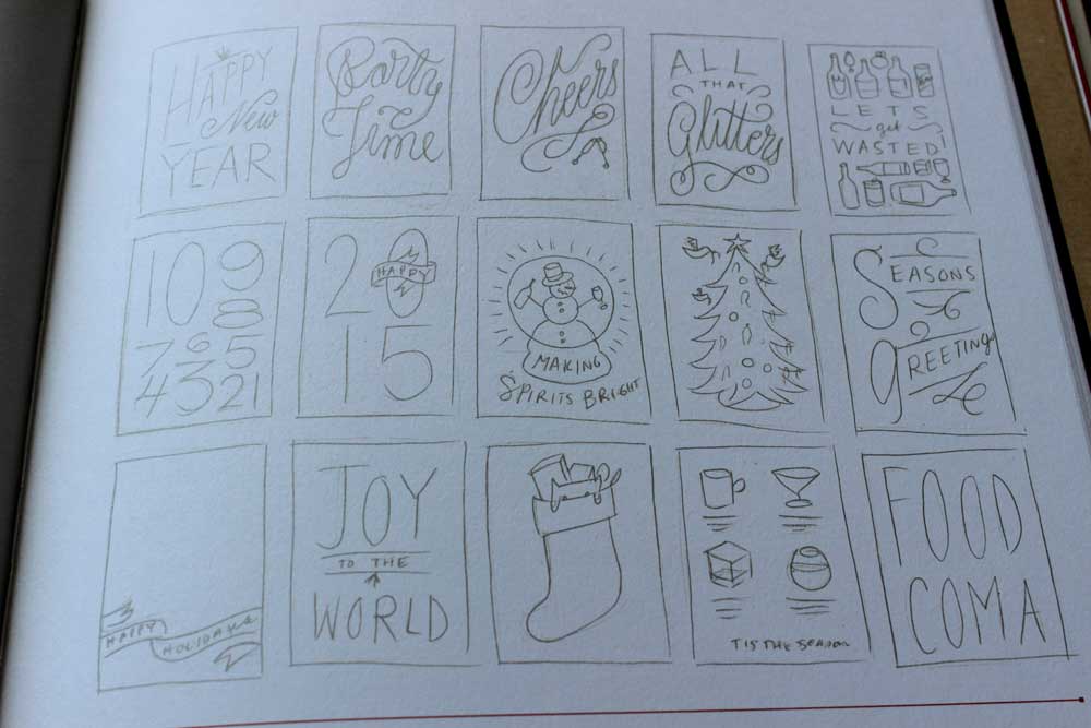 A page from Jessica Hische's first book, In Progress showing her sketches