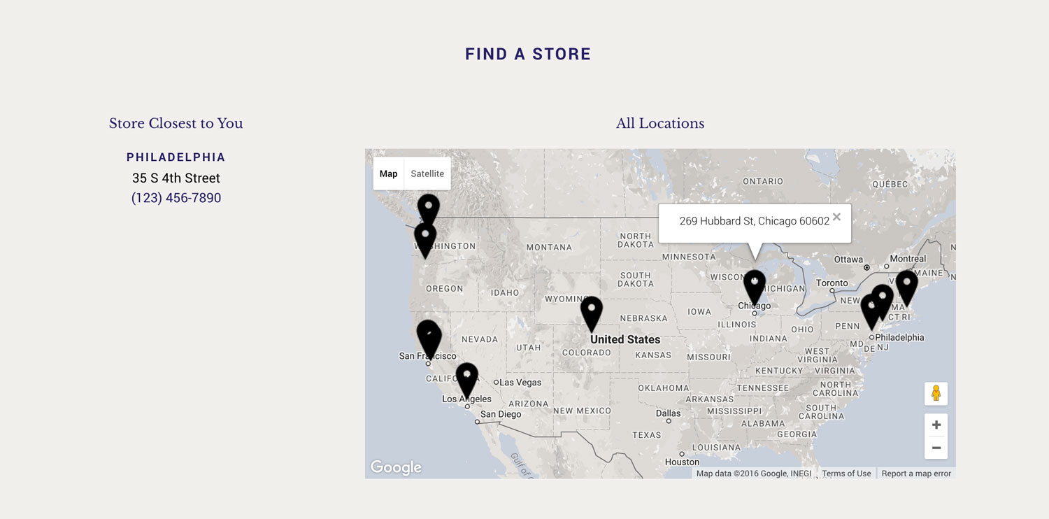 Rock Paper Scissors location section and custom Google map designed by Chloe Atchue-Mamlet