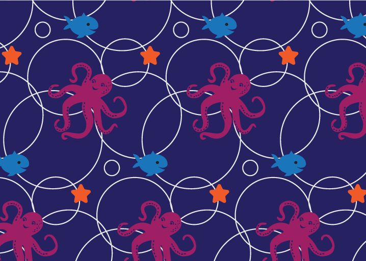 Dark blue octopus illustration with starfish, bubbles, and fish