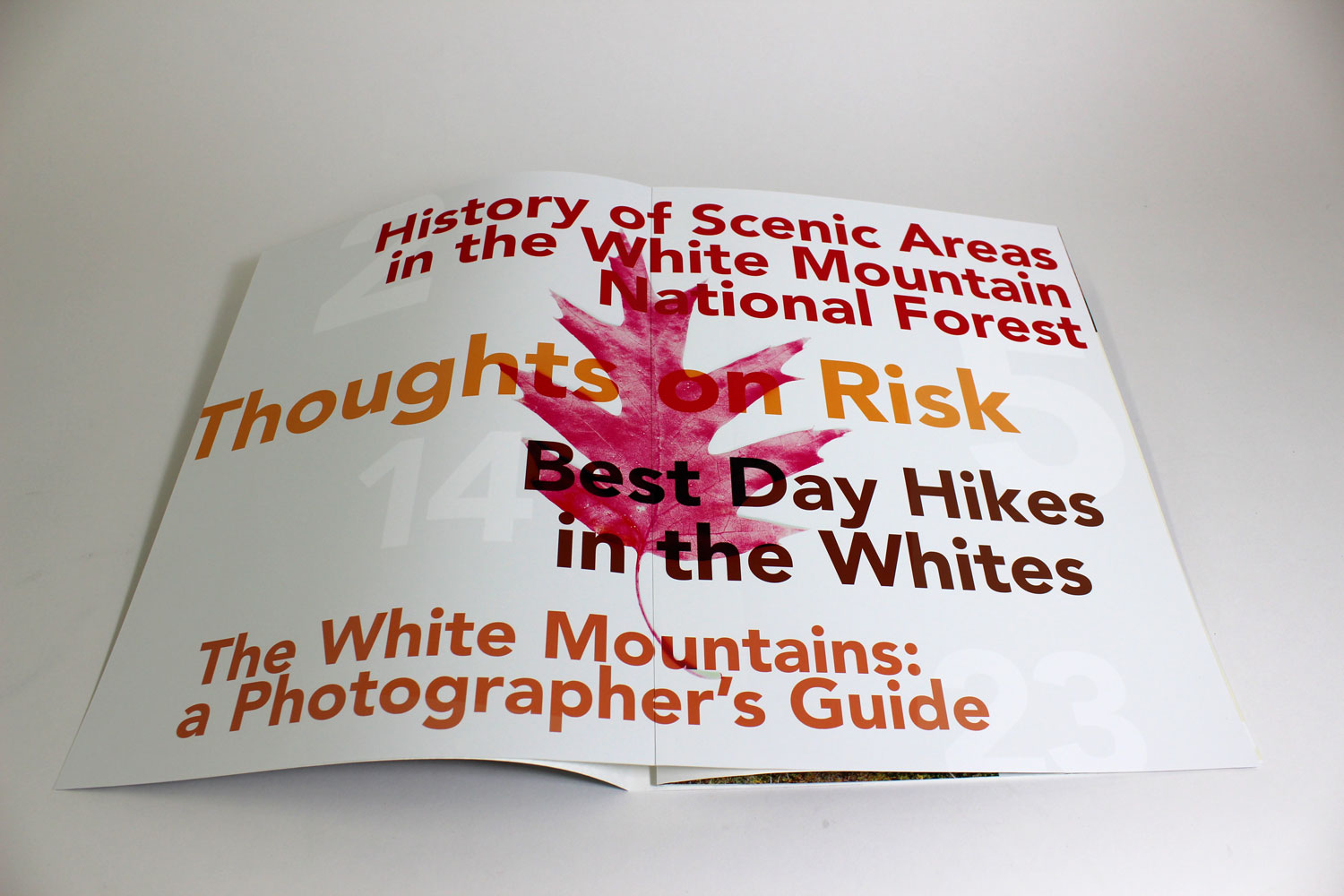 Table of contents for White Mountains experimental typography publication designed by Chloe Atchue-Mamlet